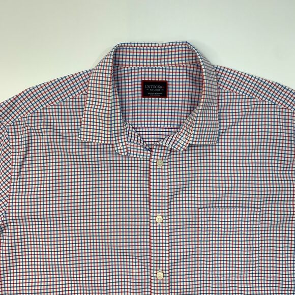 UntuckIt Kemmeter Shirt Mens 2XL XXL Pink Blue Gingham Plaid Nylon Blend Button - Picture 4 of 10
